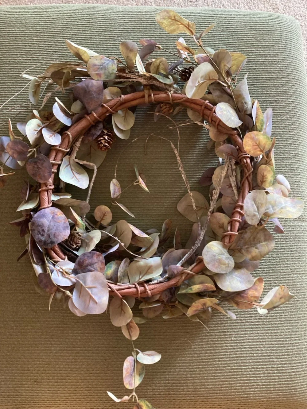 Wall front door hanging decor green brown fall eucalyptus wreath pine cones twig